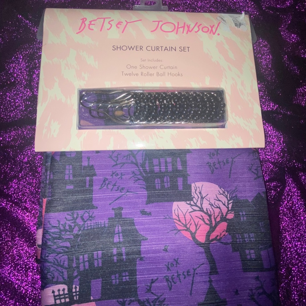 Purple Betsey Johnson Halloween shower curtain